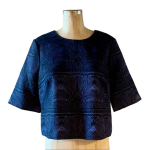 BCBG Women's Black & Navy Patterned Short Sleeve Crop Top Size Small New w/Tags